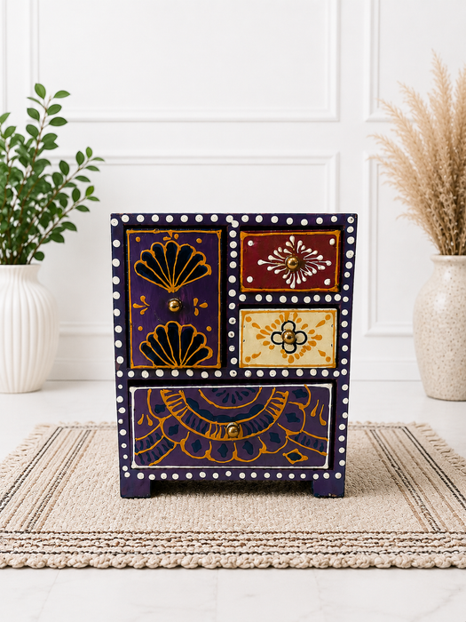 Handcrafted Wooden 4 Drawer Chest, Hand Painted Indian Home Decor