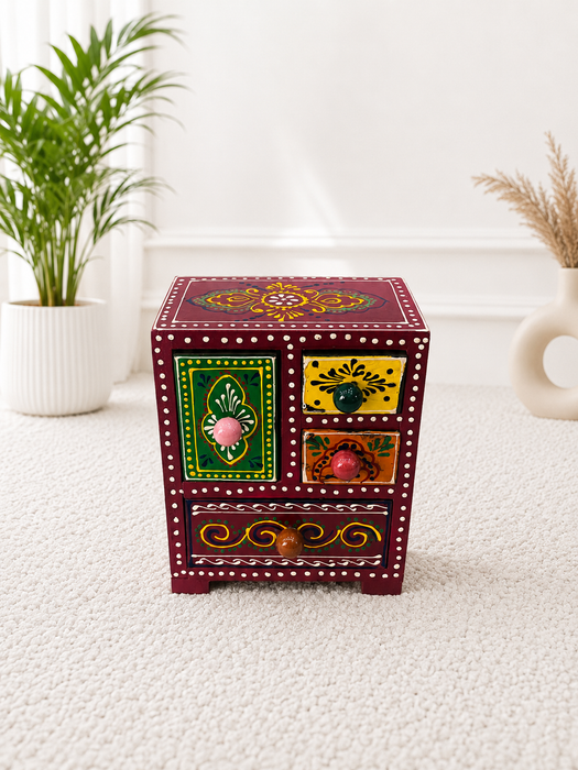 Handcrafted Wooden 4 Drawer Chest, Hand Painted Indian Home Decor