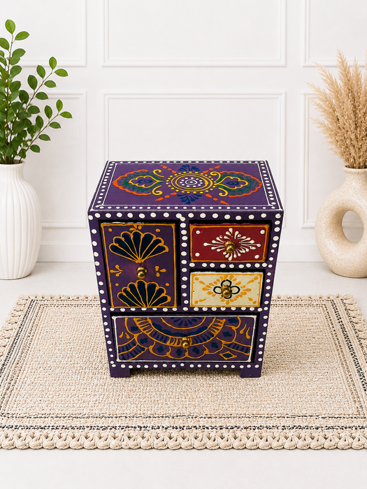 Handcrafted Wooden 4 Drawer Chest, Hand Painted Indian Home Decor