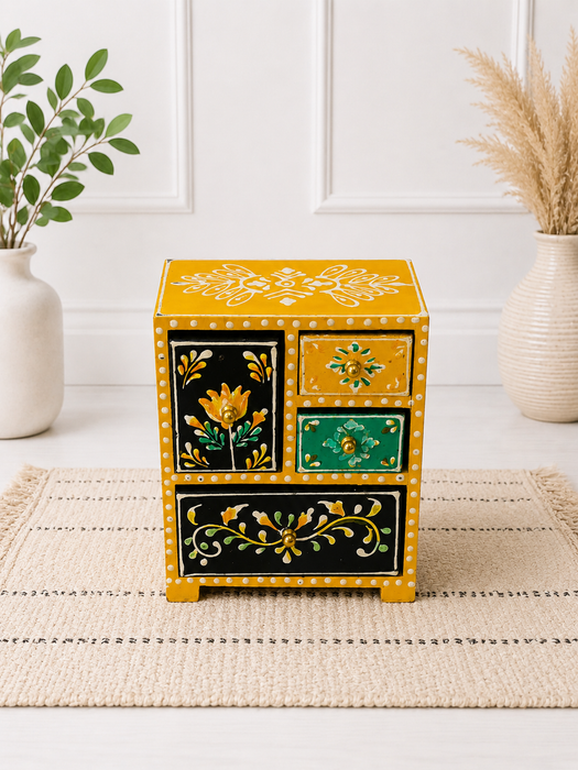 Handcrafted Wooden 4 Drawer Chest, Hand Painted Indian Home Decor