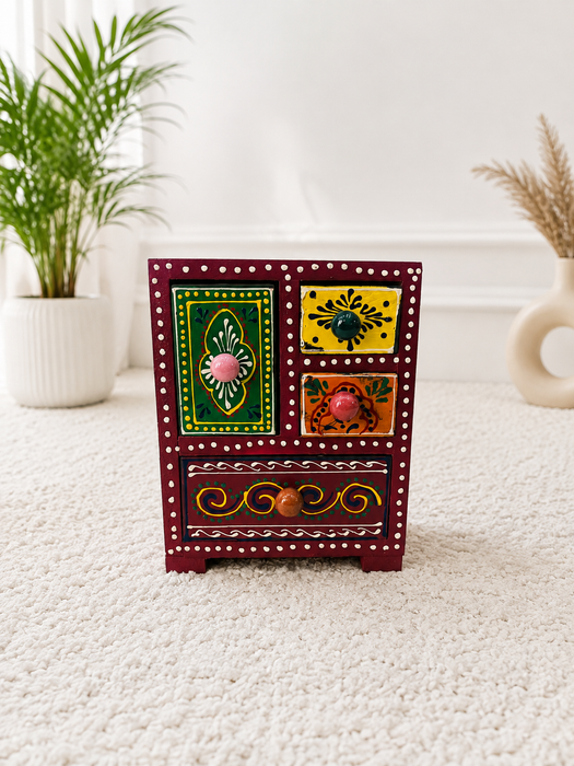 Handcrafted Wooden 4 Drawer Chest, Hand Painted Indian Home Decor