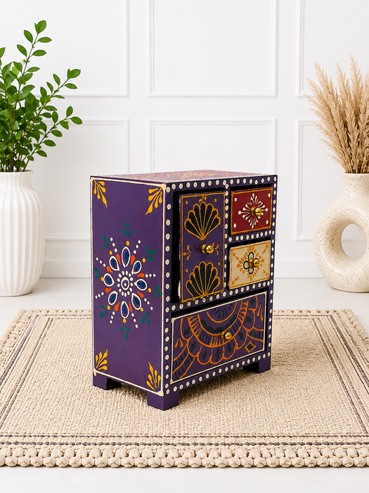 Handcrafted Wooden 4 Drawer Chest, Hand Painted Indian Home Decor