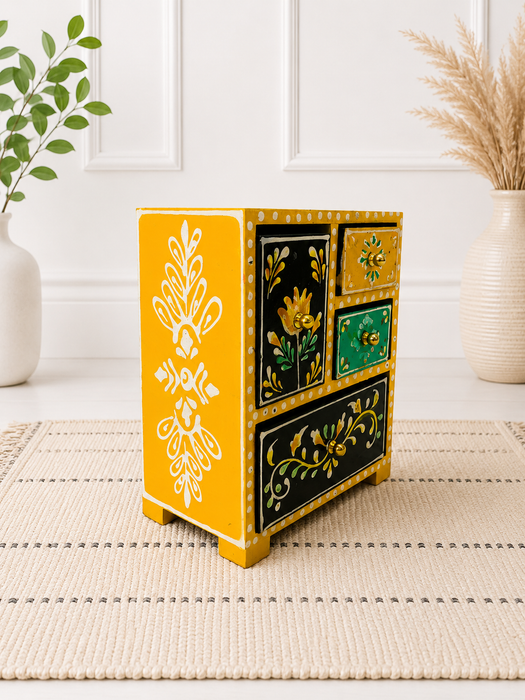 Handcrafted Wooden 4 Drawer Chest, Hand Painted Indian Home Decor