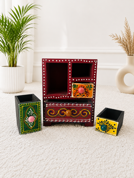 Handcrafted Wooden 4 Drawer Chest, Hand Painted Indian Home Decor