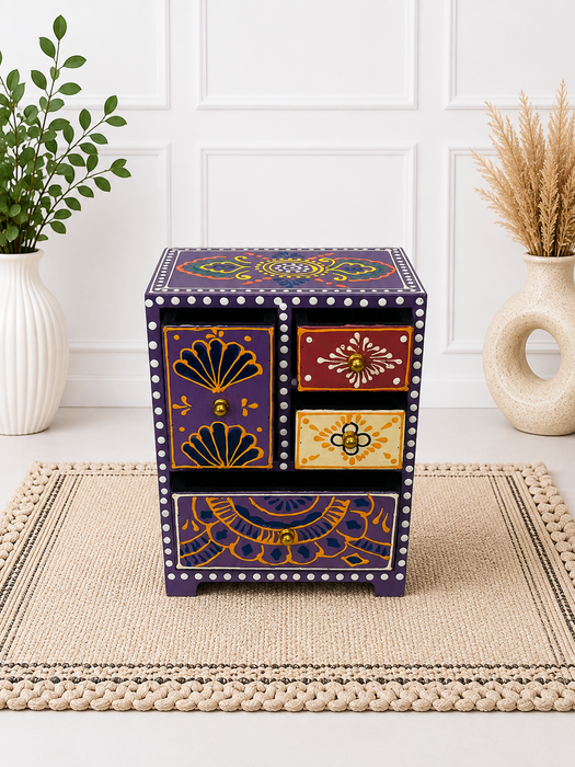 Handcrafted Wooden 4 Drawer Chest, Hand Painted Indian Home Decor