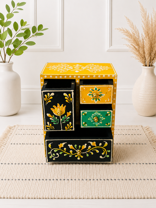 Handcrafted Wooden 4 Drawer Chest, Hand Painted Indian Home Decor
