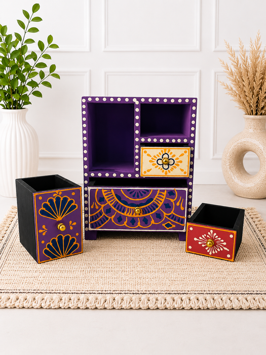 Handcrafted Wooden 4 Drawer Chest, Hand Painted Indian Home Decor