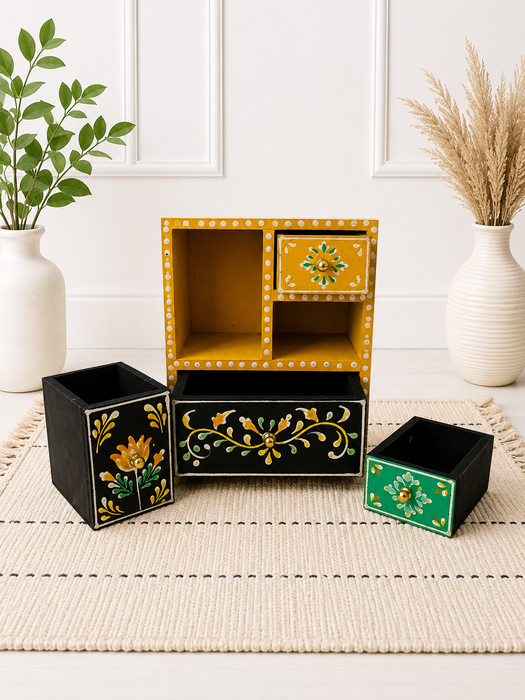 Handcrafted Wooden 4 Drawer Chest, Hand Painted Indian Home Decor