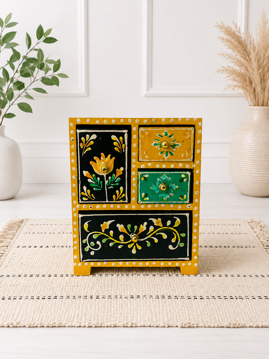 Handcrafted Wooden 4 Drawer Chest, Hand Painted Indian Home Decor