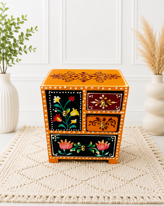 Handcrafted Wooden 4 Drawer Chest, Hand Painted Indian Storage Cabinet