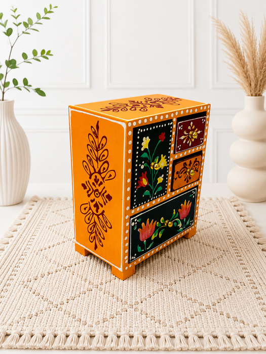 Handcrafted Wooden 4 Drawer Chest, Hand Painted Indian Storage Cabinet