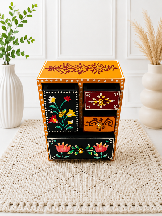 Handcrafted Wooden 4 Drawer Chest, Hand Painted Indian Storage Cabinet