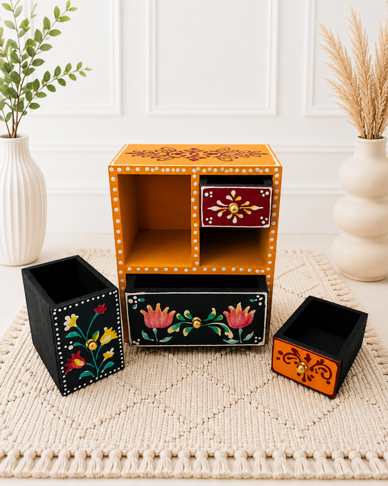 Handcrafted Wooden 4 Drawer Chest, Hand Painted Indian Storage Cabinet
