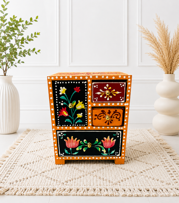 Handcrafted Wooden 4 Drawer Chest, Hand Painted Indian Storage Cabinet