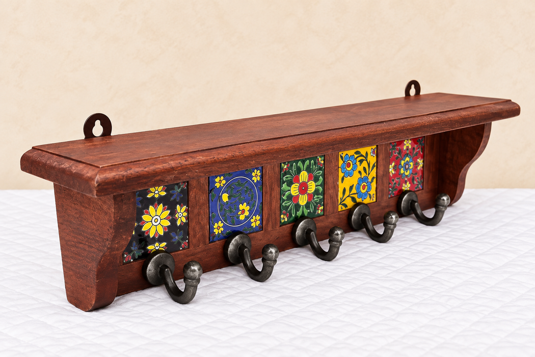 Handcrafted Wooden 5 Hook Wall Hanger, Hand Painted Indian Wall Decor
