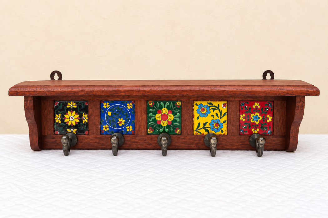 Handcrafted Wooden 5 Hook Wall Hanger, Hand Painted Indian Wall Decor