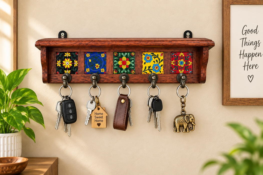 Handcrafted Wooden 5 Hook Wall Hanger, Hand Painted Indian Wall Decor