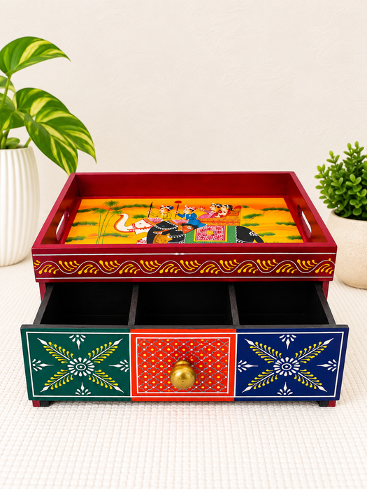 Handcrafted Wooden Open Storage Box with Drawer, Hand Painted Indian Traditional Decor