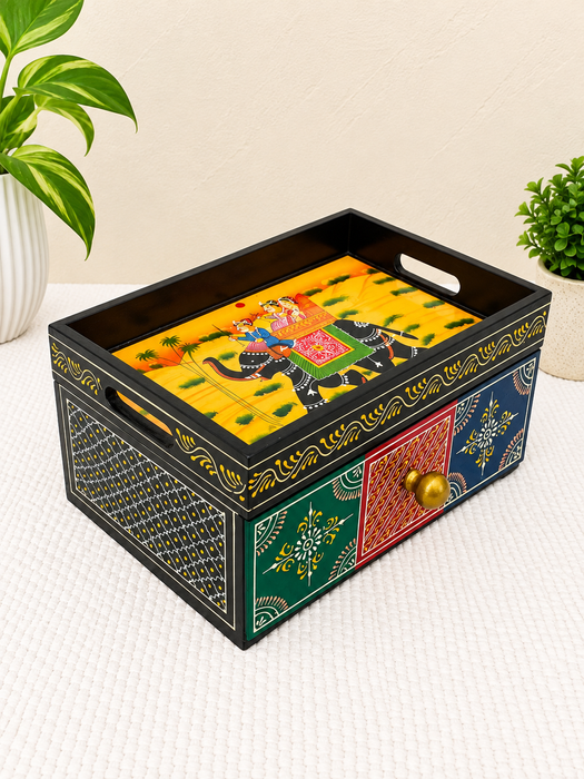 Handcrafted Wooden Decorative Storage Box with Drawer, Hand Painted Indian Traditional Decor