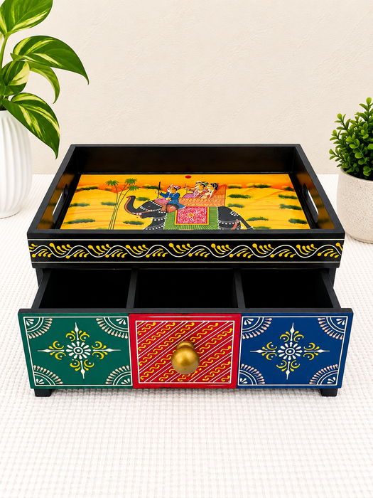 Handcrafted Wooden Decorative Storage Box with Drawer, Hand Painted Indian Traditional Decor