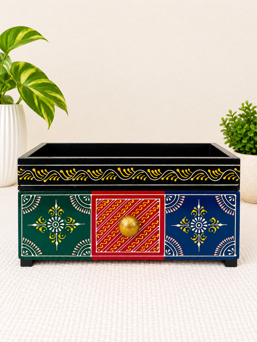 Handcrafted Wooden Decorative Storage Box with Drawer, Hand Painted Indian Traditional Decor