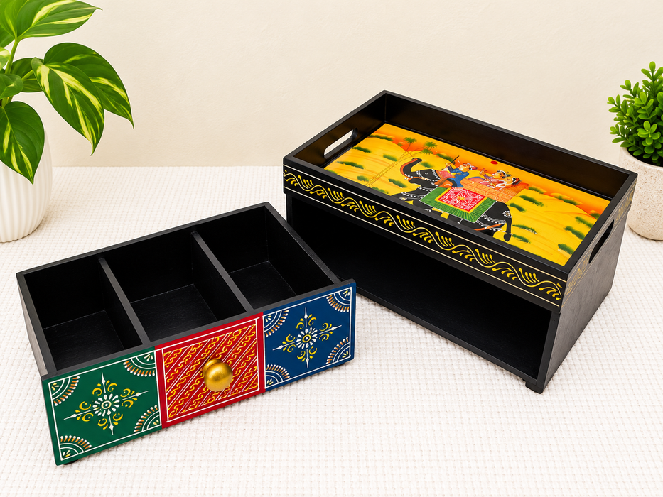 Handcrafted Wooden Decorative Storage Box with Drawer, Hand Painted Indian Traditional Decor