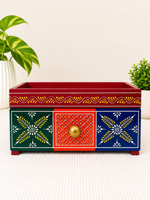 Handcrafted Wooden Open Storage Box with Drawer, Hand Painted Indian Traditional Decor