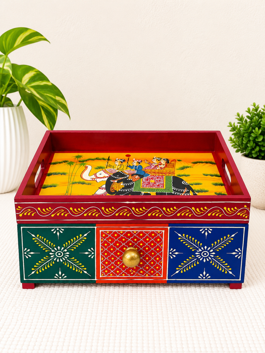 Handcrafted Wooden Open Storage Box with Drawer, Hand Painted Indian Traditional Decor