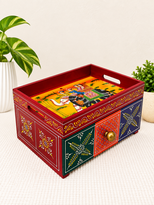 Handcrafted Wooden Open Storage Box with Drawer, Hand Painted Indian Traditional Decor