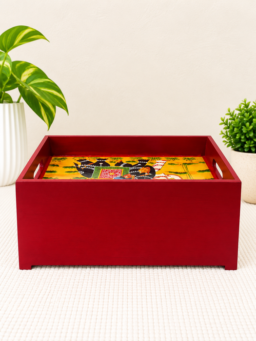Handcrafted Wooden Open Storage Box with Drawer, Hand Painted Indian Traditional Decor
