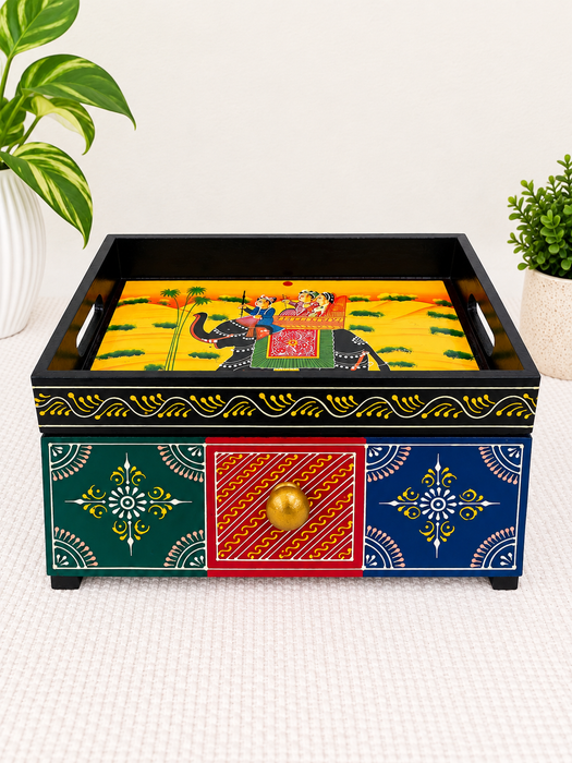 Handcrafted Wooden Decorative Storage Box with Drawer, Hand Painted Indian Traditional Decor