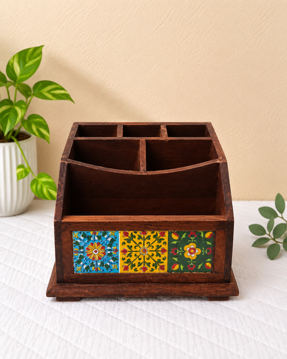 Handcrafted Wooden Desk Organizer, Hand Painted Floral Indian Traditional Decor