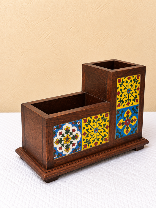 Handcrafted Wooden Desk Organizer, Hand Painted Floral Indian Traditional Decor
