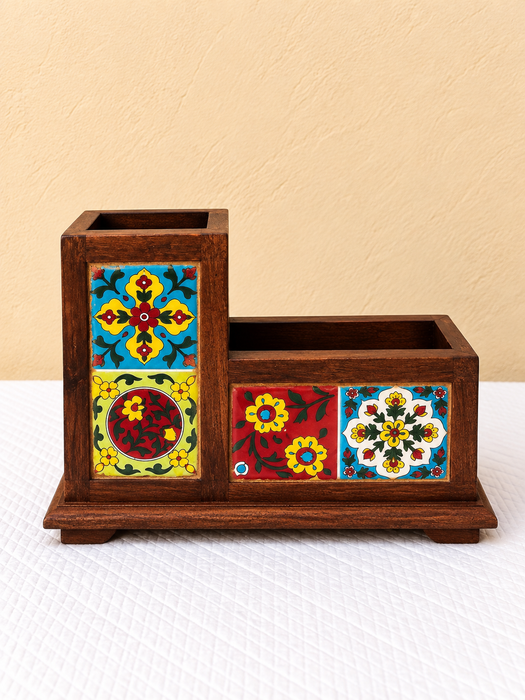 Handcrafted Wooden Desk Organizer, Hand Painted Floral Indian Traditional Decor