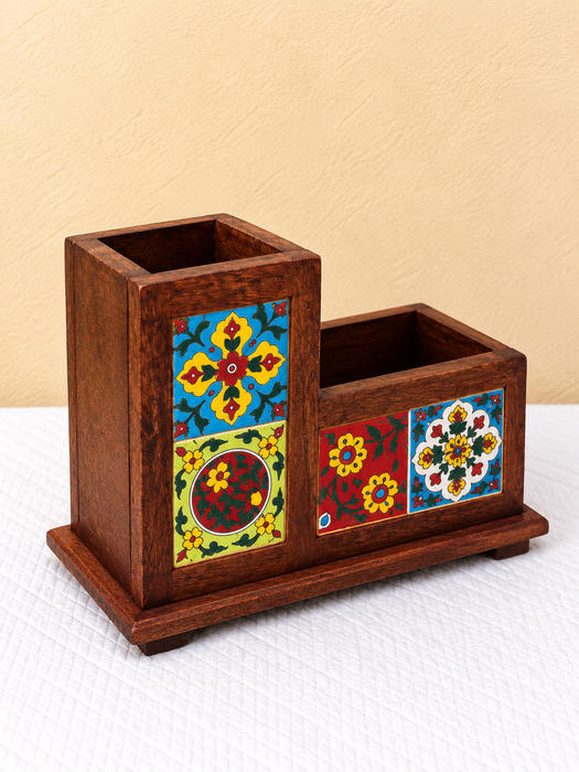 Handcrafted Wooden Desk Organizer, Hand Painted Floral Indian Traditional Decor