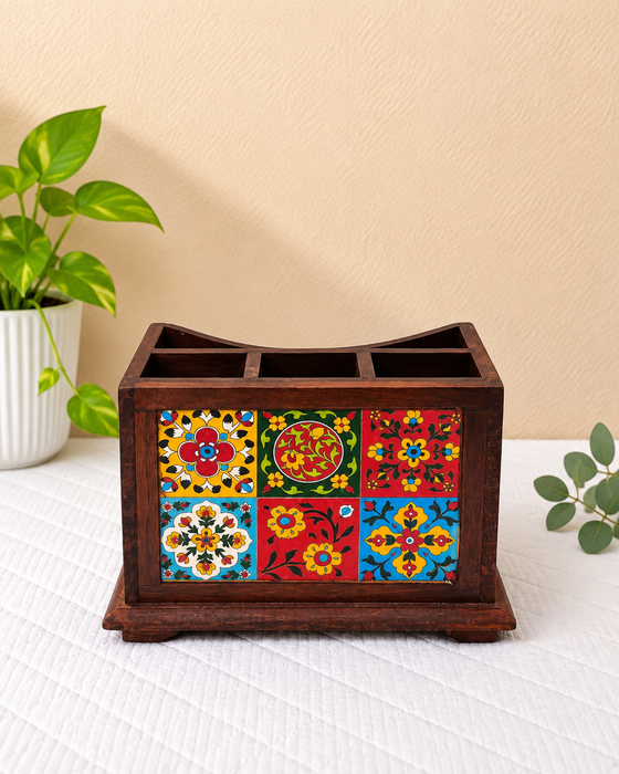 Handcrafted Wooden Desk Organizer, Hand Painted Floral Indian Traditional Decor