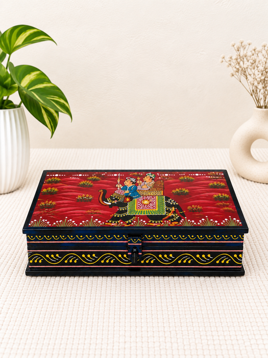Handcrafted Wooden Elephant Design Storage Box, Hand Painted Indian Traditional Decor