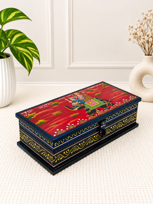 Handcrafted Wooden Elephant Design Storage Box, Hand Painted Indian Traditional Decor