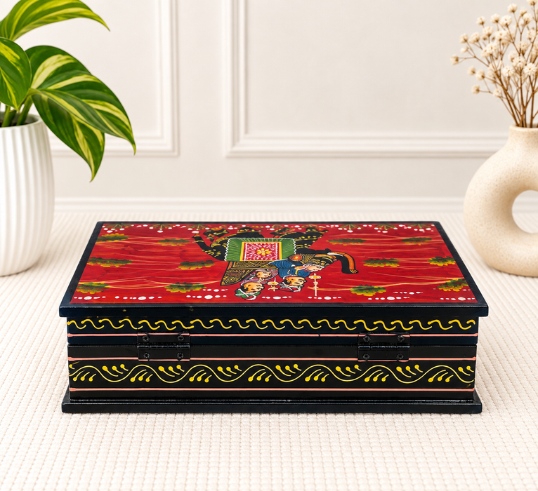 Handcrafted Wooden Elephant Design Storage Box, Hand Painted Indian Traditional Decor