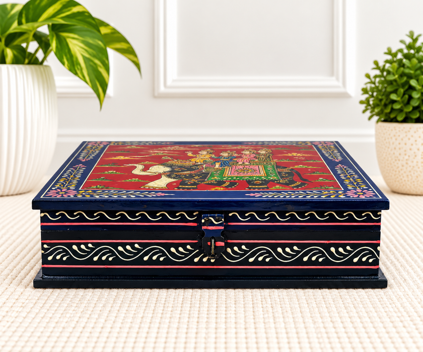 Handcrafted Wooden Elephant Design Storage Box, Hand Painted Indian Traditional Decor