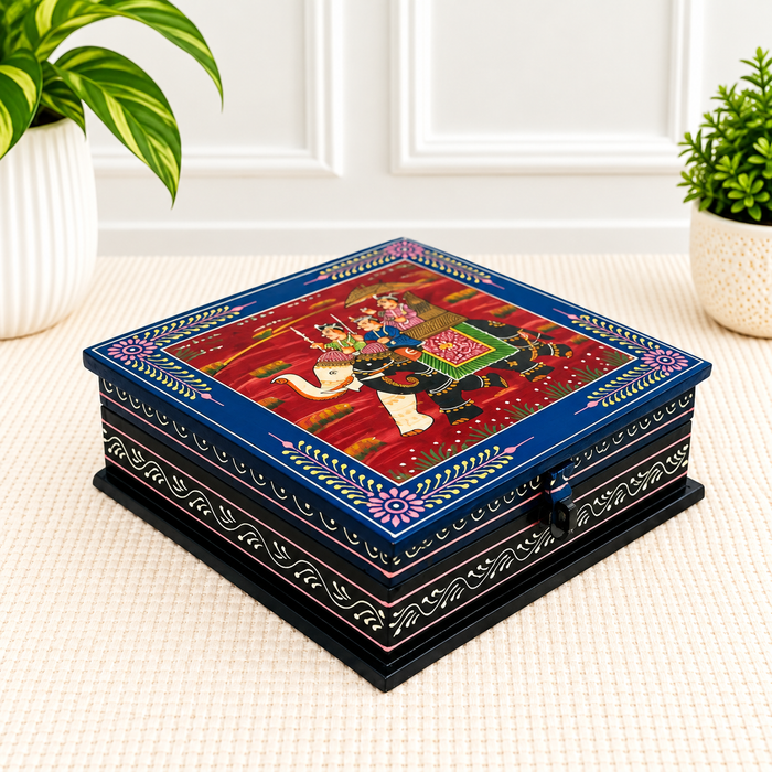 Handcrafted Wooden Elephant Design Storage Box, Hand Painted Indian Traditional Decor