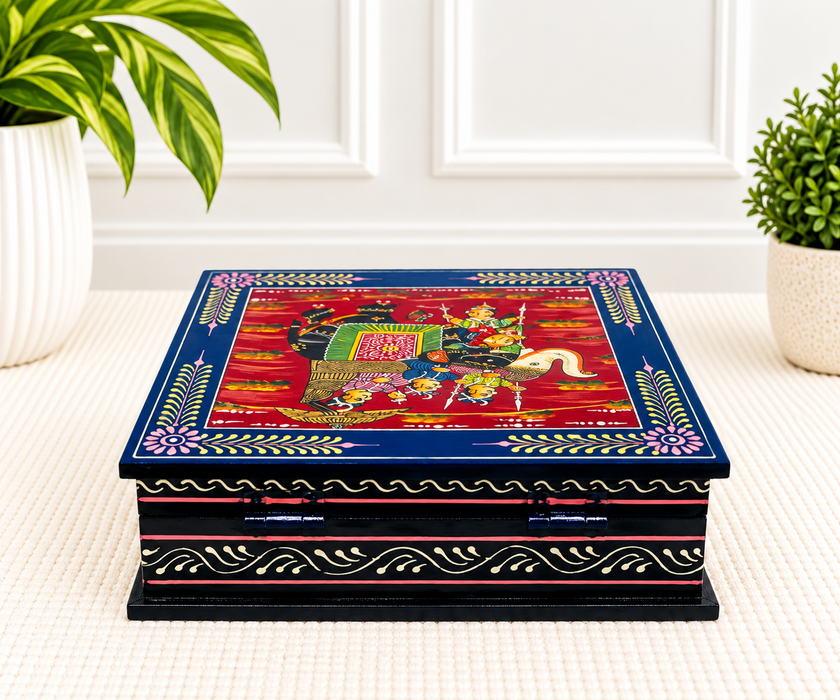 Handcrafted Wooden Elephant Design Storage Box, Hand Painted Indian Traditional Decor