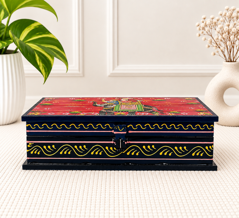 Handcrafted Wooden Elephant Design Storage Box, Hand Painted Indian Traditional Decor