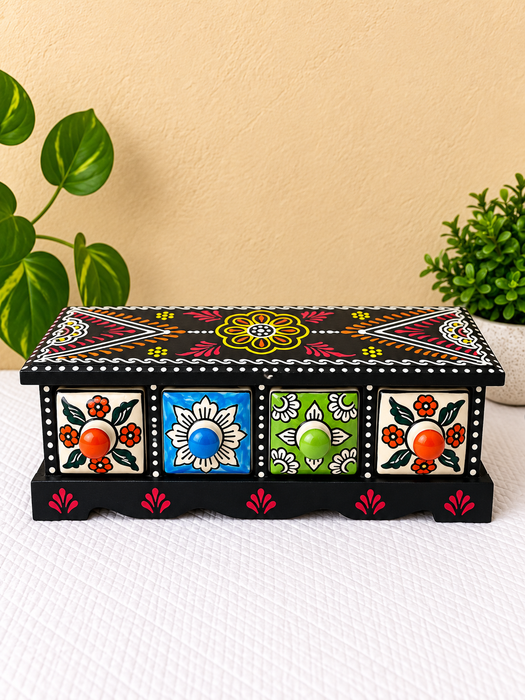 Handcrafted Wooden Floral Storage Box with 4 Drawers, Hand Painted Indian Traditional Decor