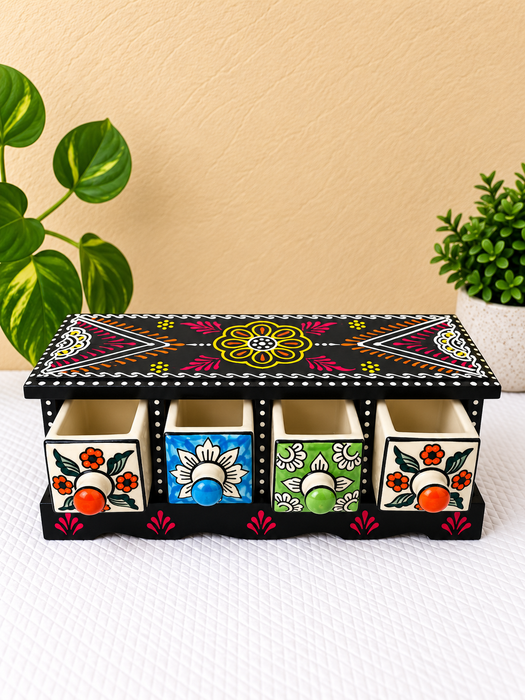 Handcrafted Wooden Floral Storage Box with 4 Drawers, Hand Painted Indian Traditional Decor