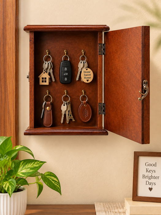 Handcrafted Wooden Key Holder Cabinet, Wall Mounted Key Organizer with Hooks