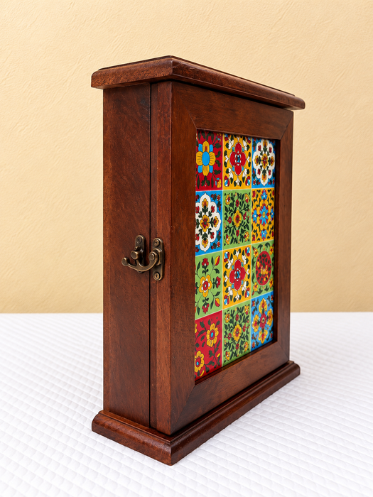 Handcrafted Wooden Key Holder Cabinet, Wall Mounted Key Organizer with Hooks