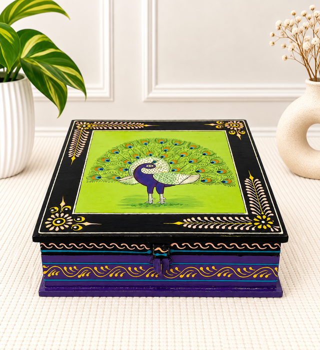 Handcrafted Wooden Peacock Design Storage Box, Hand Painted Indian Traditional Decor