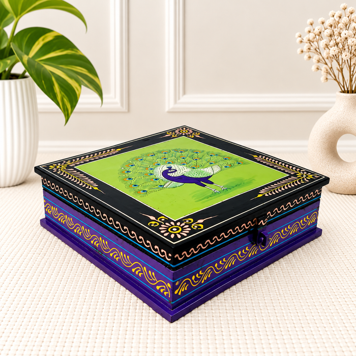 Handcrafted Wooden Peacock Design Storage Box, Hand Painted Indian Traditional Decor