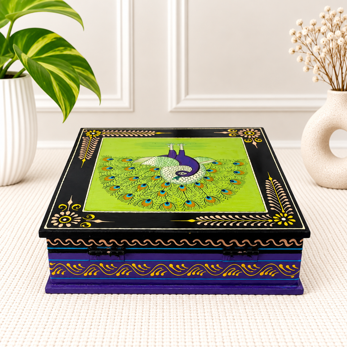 Handcrafted Wooden Peacock Design Storage Box, Hand Painted Indian Traditional Decor